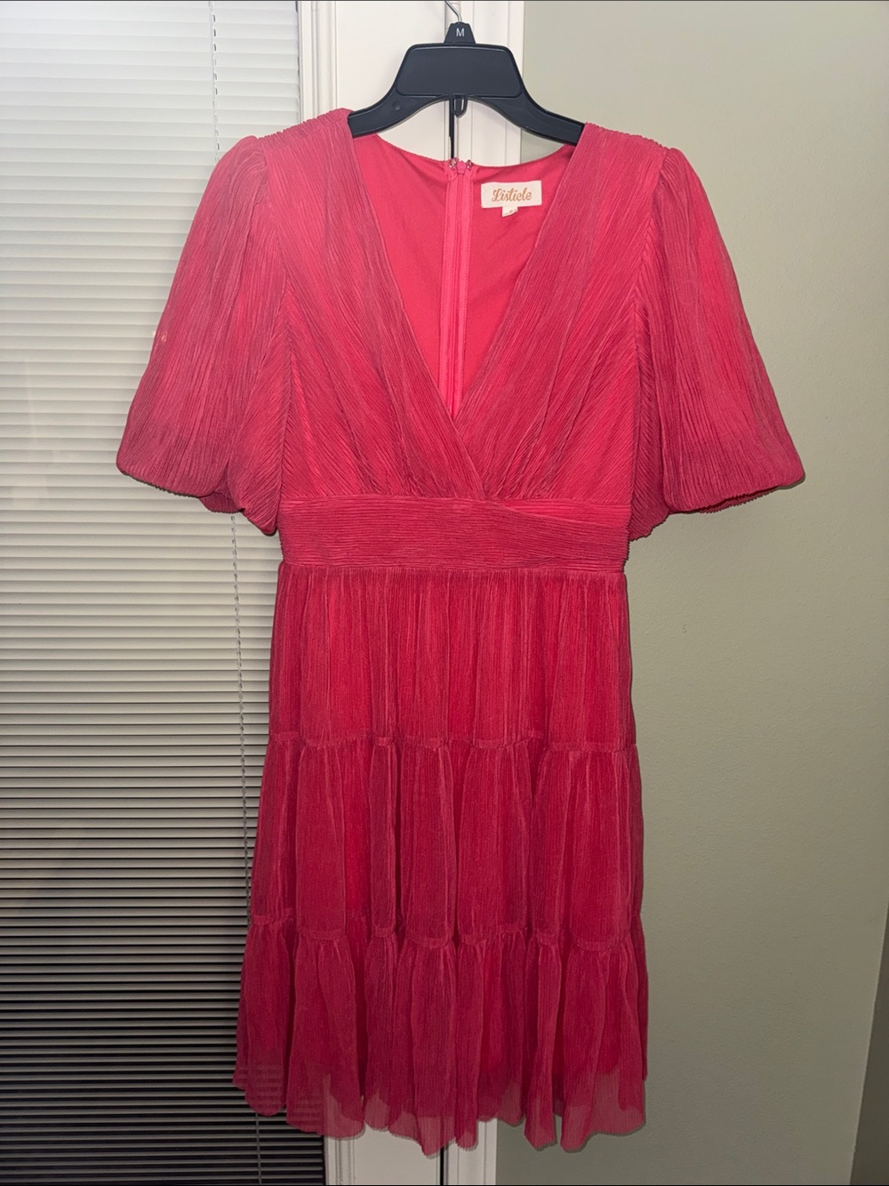 Listicle- Hot Pink V-Neck Tiered Knee Length Dress